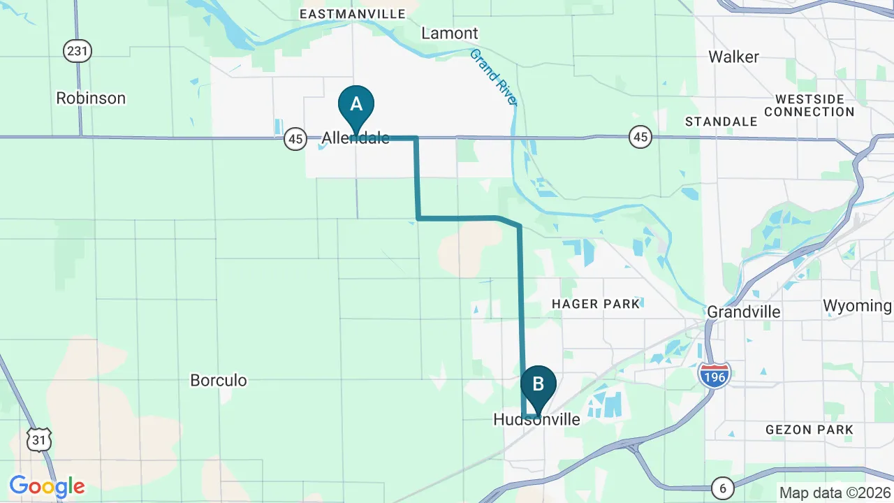 Driving directions map from Allendale, MI to Mountain Creek Chiropractic in Red Bank
