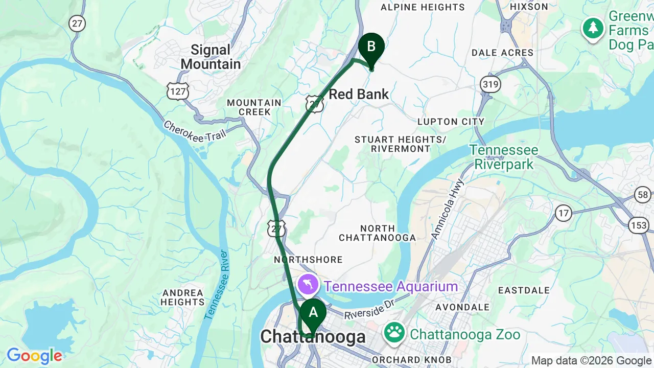 Driving directions map from Chattanooga, TN to Mountain Creek Chiropractic in Red Bank