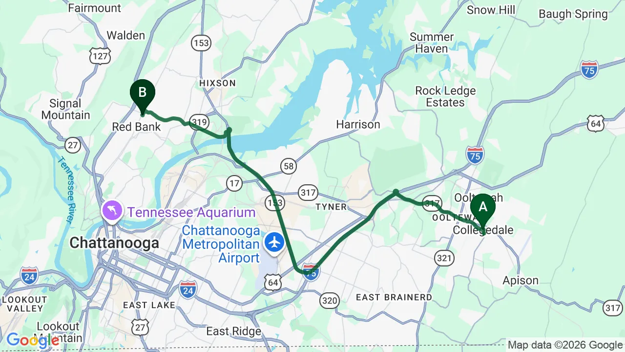 Driving directions map from Collegedale, TN to Mountain Creek Chiropractic in Red Bank