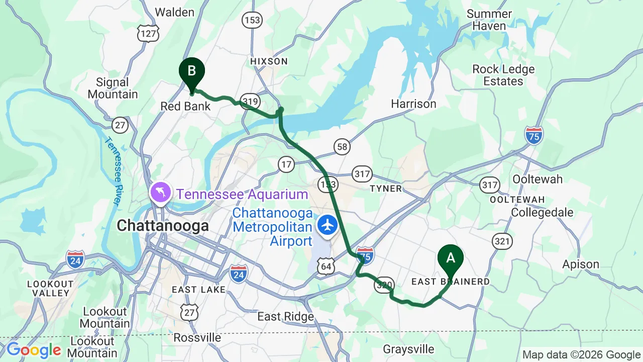 Driving directions map from East Brainerd, TN to Mountain Creek Chiropractic in Red Bank