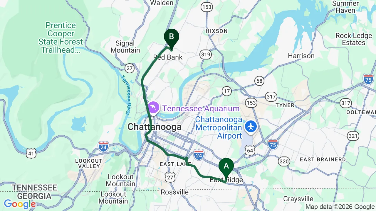 Driving directions map from East Ridge, TN to Mountain Creek Chiropractic in Red Bank