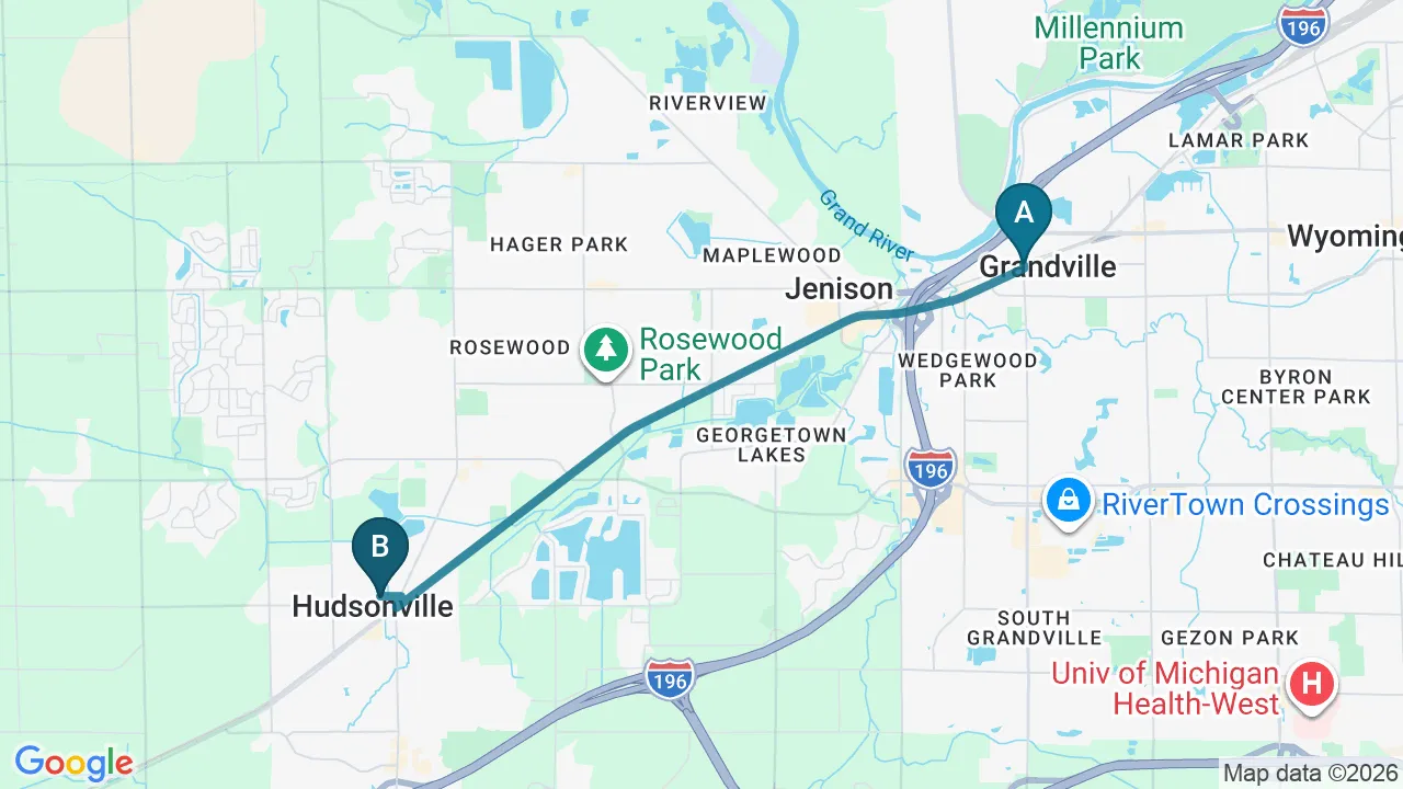 Driving directions map from Grandville, MI to Mountain Creek Chiropractic in Red Bank