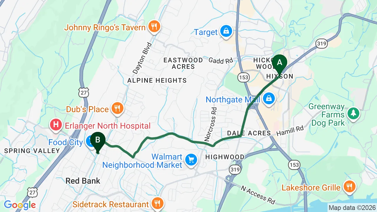 Driving directions map from Hixson, TN to Mountain Creek Chiropractic in Red Bank