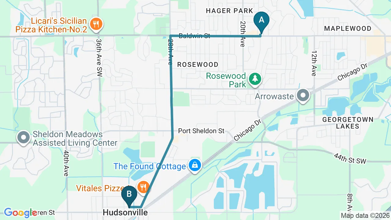 Driving directions map from Jenison, MI to Mountain Creek Chiropractic in Red Bank