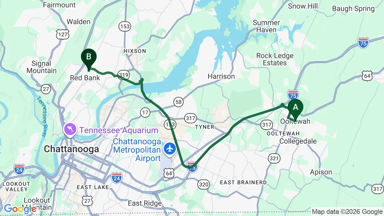 Driving directions map from Ooltewah, TN to Mountain Creek Chiropractic in Red Bank