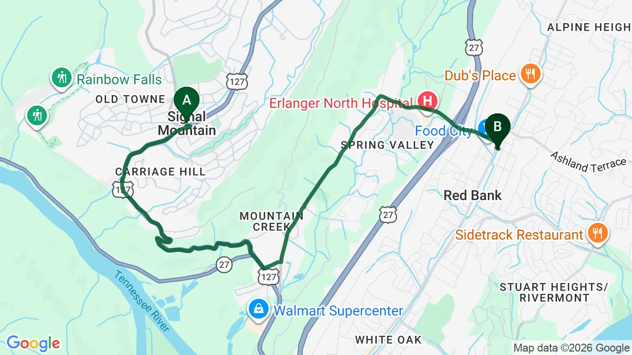 Driving directions map from Signal Mountain, TN to Mountain Creek Chiropractic in Red Bank
