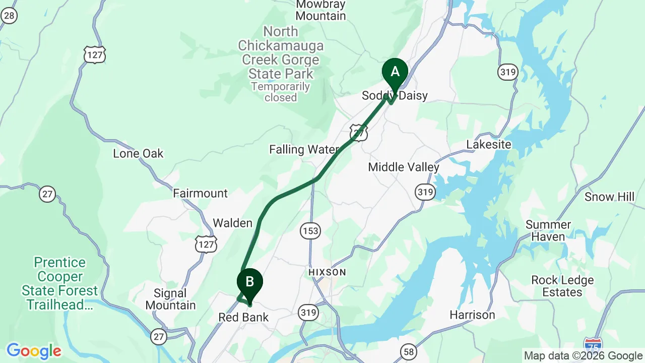 Driving directions map from Soddy-Daisy, TN to Mountain Creek Chiropractic in Red Bank