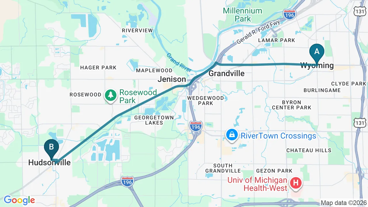 Driving directions map from Wyoming, MI to Mountain Creek Chiropractic in Red Bank