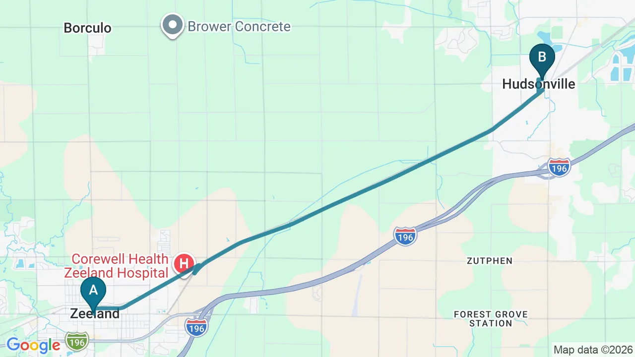 Driving directions map from Zeeland, MI to Mountain Creek Chiropractic in Red Bank